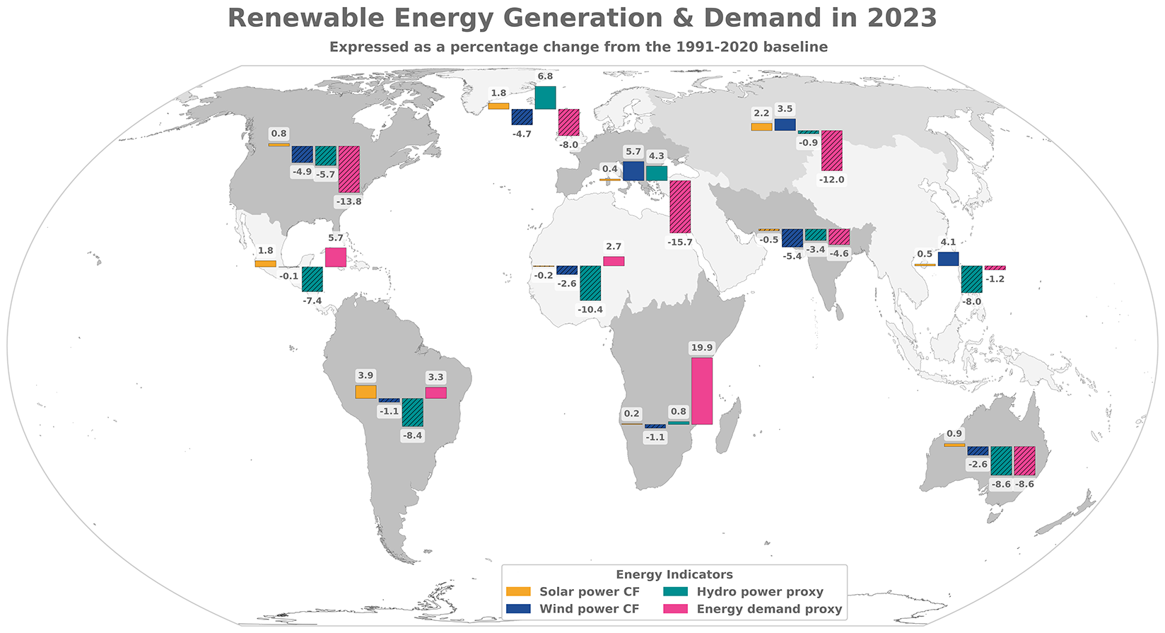 Abateri anuale globale pentru cei patru indicatori de energie – eolian, solar, hidroenergie și cerere de energie – așa cum sunt prezentate în raportul „2023 Year in Review: Climate-Driven Global Renewable Energy Potential and Energy Demand”. Abaterile sunt exprimate ca procente pentru 2023 față de media perioadei de referință 1991-2020 și sunt agregate pe regiune. Hașura este folosită pentru a evidenția valorile negative pentru o identificare mai ușoară. ​​​​​DESCARCĂ IMAGINEA ORIGINALĂ