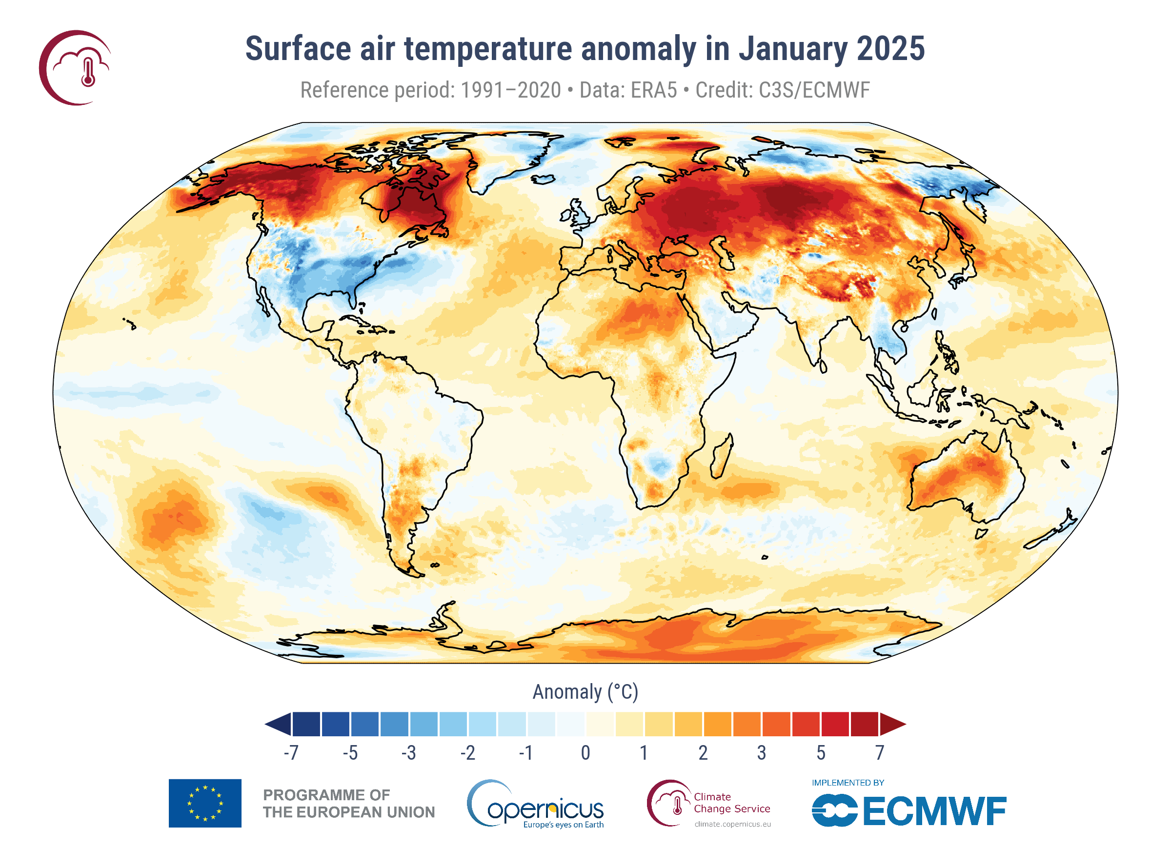 Anomalia temperaturii aerului de suprafață pentru ianuarie 2025 în raport cu media ianuarie pentru perioada 1991-2020. Sursa datelor: ERA5. Credit: C3S/ECMWF.  ​​​​​DESCARCĂ IMAGINEA ORIGINALĂ|DESCARCĂ PDF