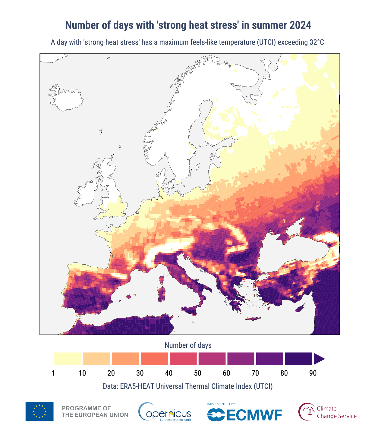 Number of days with strong heat stress during summer 2024, defined as a daily maximum Universal Thermal Climate Index (UTCI), or feels-like temperature, exceeding 32°C. Data: ERA5-HEAT. Credit: C3S/ECMWFDOWNLOAD IMAGE
