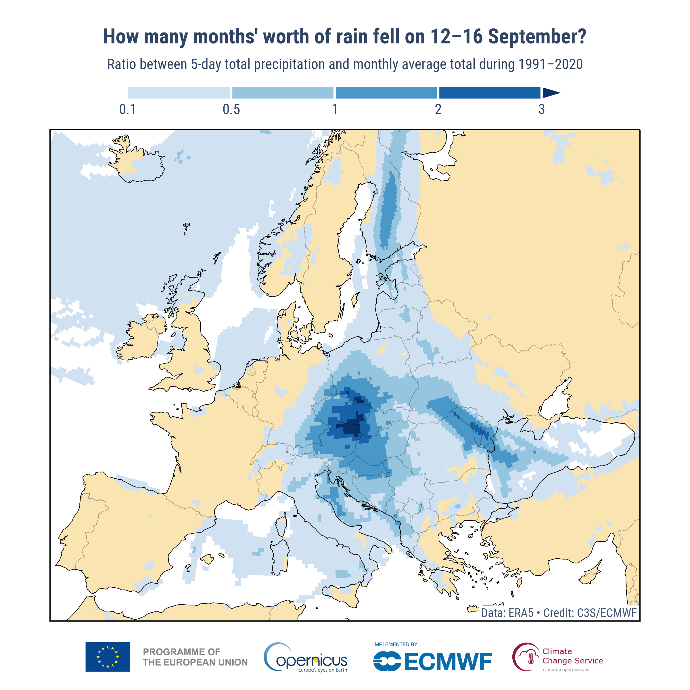 Raportul dintre precipitațiile totale pe 5 zile între 12 și 16 septembrie 2024 și precipitațiile totale medii lunare pe toate lunile în perioada de referință 1991-2020. Sursa datelor: ERA5. Credit: Copernicus Climate Change Service/ECMWFDOWNLOAD IMAGE|DOWNLOAD DATE