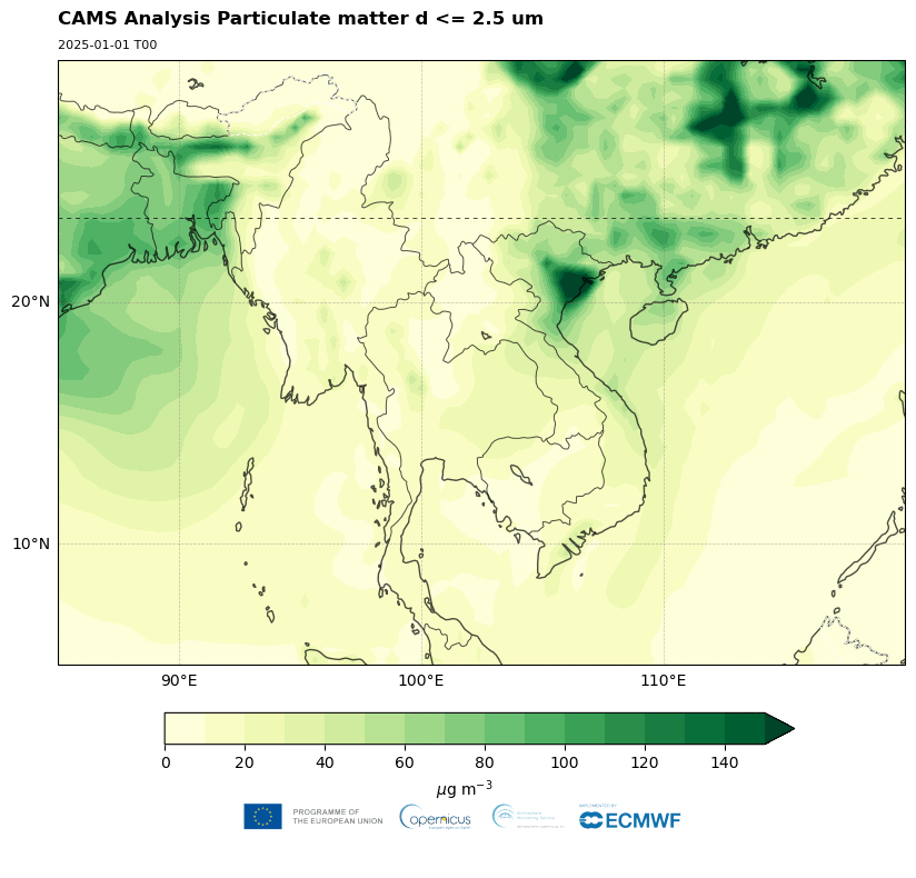 Surface PM2.5 concentrations across South Asia from the o-suite analyses valid at 00 UTC since 1 January (Source: CAMS/ECMWF).DOWNLOAD IMAGE