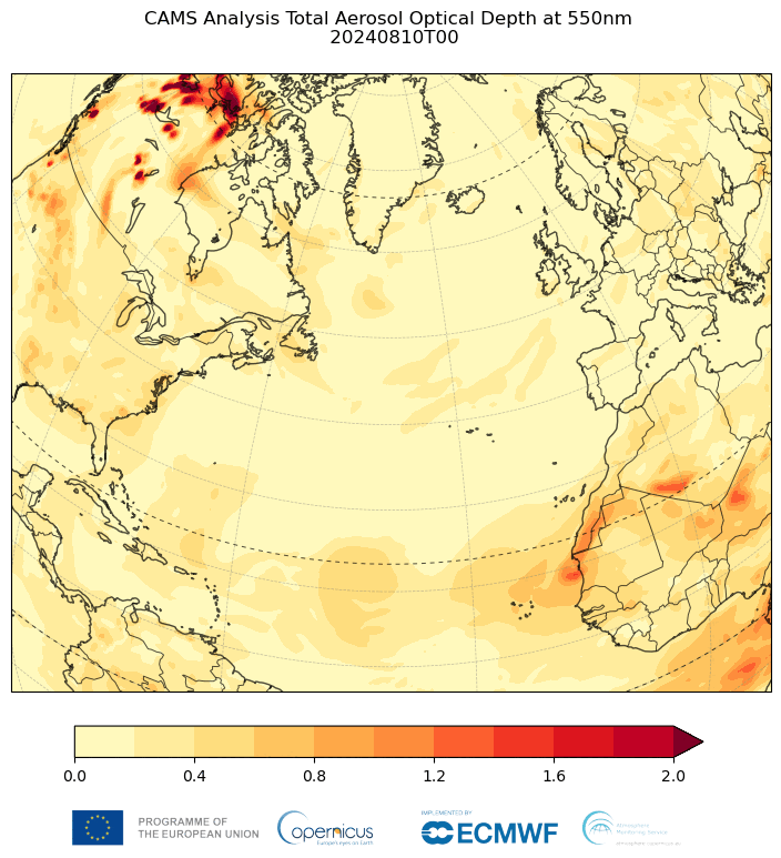 Analiza totală a adâncimii optice a aerosolului CAMS peste Atlanticul de Nord valabilă pentru 10-20 august 2024
