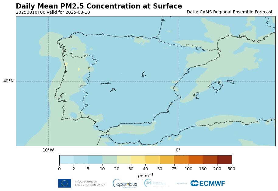 Daily mean PM2.5 concentrations at the surface from the CAMS regional ensemble forecasts between 10 and  19 August 2025. Credit: CAMS/ECMWF