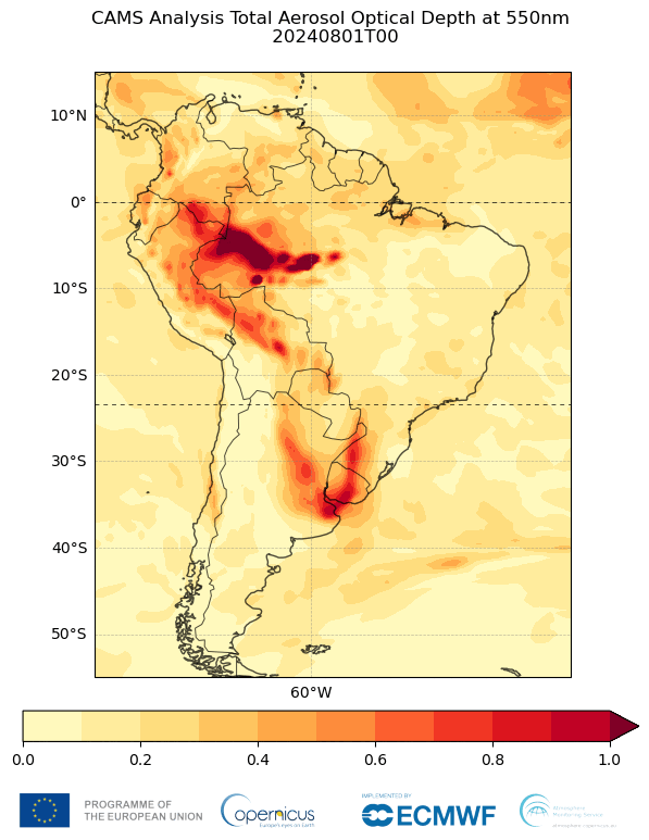 CAMS total aerosol optical depth (AOD) analyses indicating smoke transport over South America in September 2024 (Source: CAMS).DOWNLOAD ANIMATION