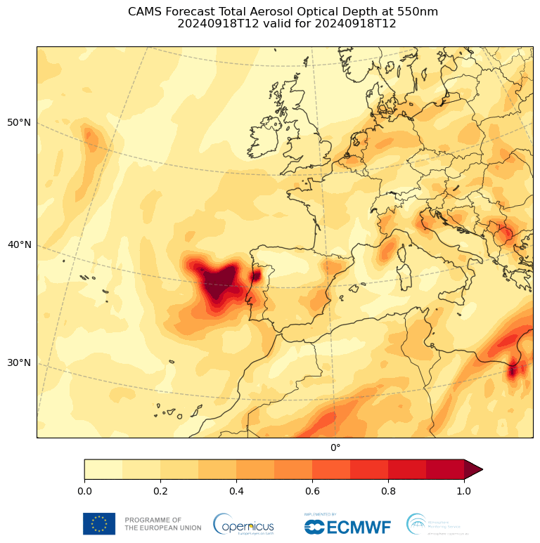 Prognoza de 5 zile pentru adâncimea optică a aerosolului, inițializată pe 18 septembrie la ora 12 UTC și valabilă în perioada 18-23 septembrie. (Sursa: CAMS/ECMWF)DOWNLOAD ANIMATION