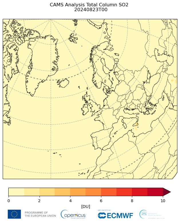 Animarea analizelor de SO2 total pe coloana CAMS valabilă la 00 și 12 UTC în perioada 23-27 august 2024 (sursa: CAMS/ECMWF).