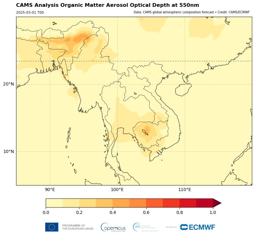CAMS Total Aerosol Optical Depth at 550nm analyses over east Asia between 1 and 30 April 2025.